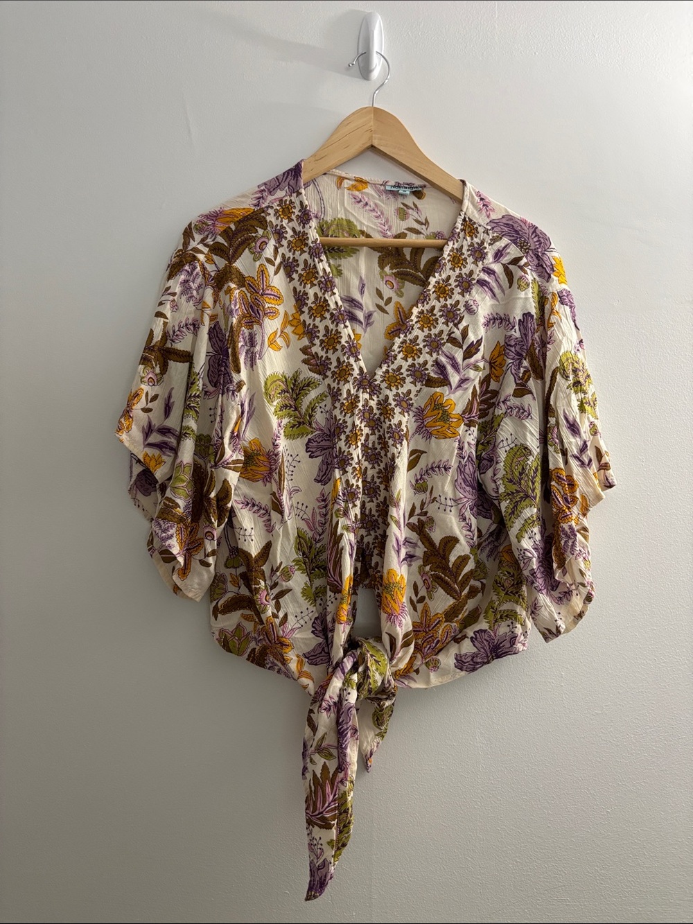 Nostalgia Floral Tie-Front Short Sleeve Top — Purple, Mustard & Olive on Cream